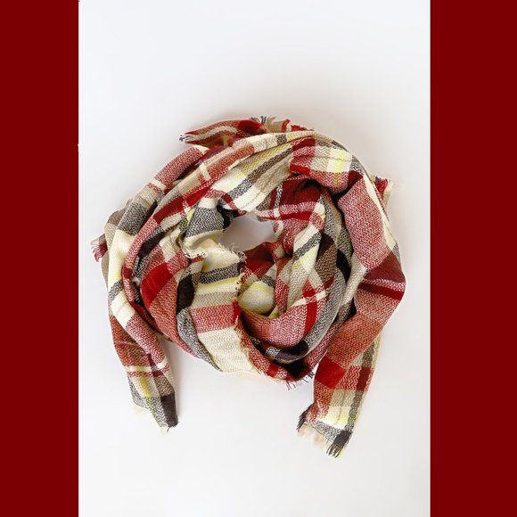 Lulus Seeking Comfort Red Multi-Color Plaid Textured Knit Scarf - Picture 2 of 3